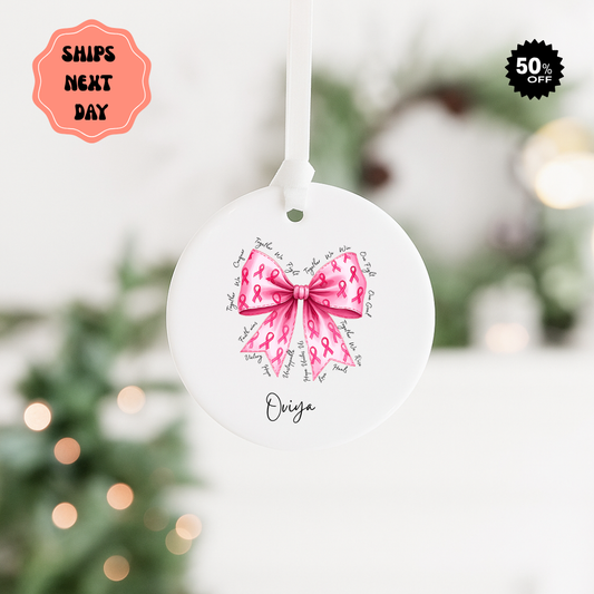 Breast Cancer Awareness Ceramic Ornament — Pink Ribbon Bow Decoration