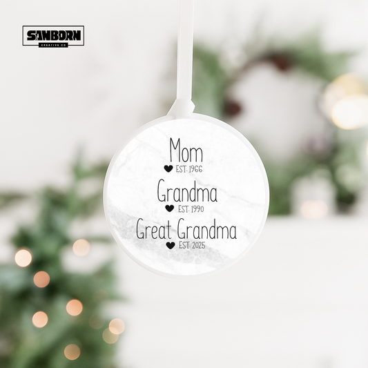 Ceramic Ornament — "Mom (Est. 1966) / Grandma (Est. 1990) / Great Grandma (Est. 2025)" Family Keepsake