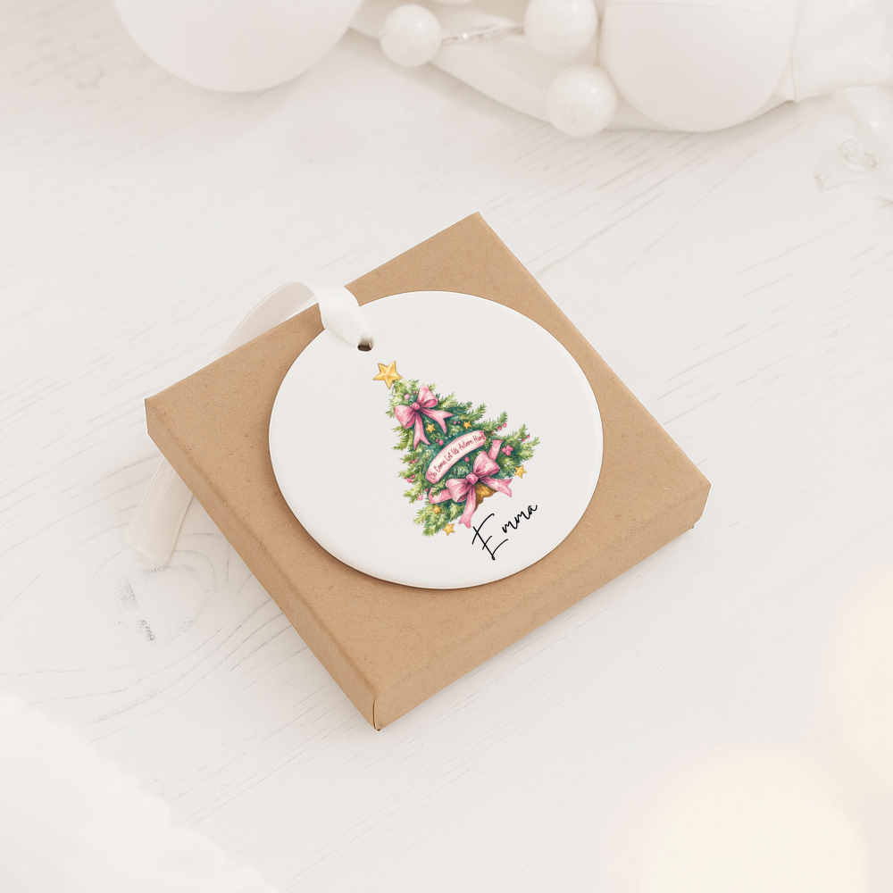 Personalized Ceramic Ornament — Christmas Tree with Pink Bows & Name (Emma)