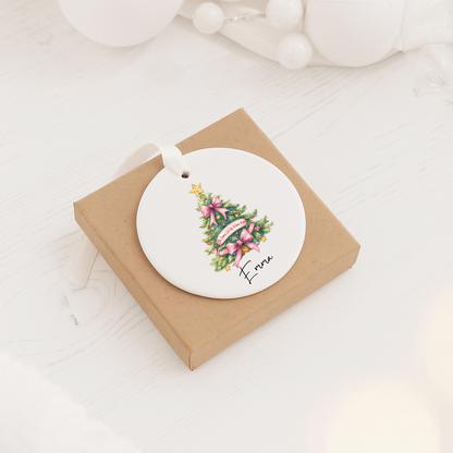 Personalized Ceramic Ornament — Christmas Tree with Pink Bows & Name (Emma)