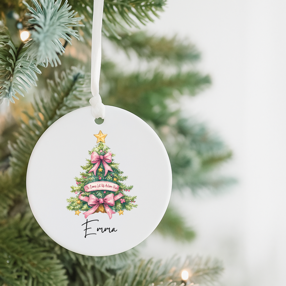 Personalized Ceramic Ornament — Christmas Tree with Pink Bows & Name (Emma)