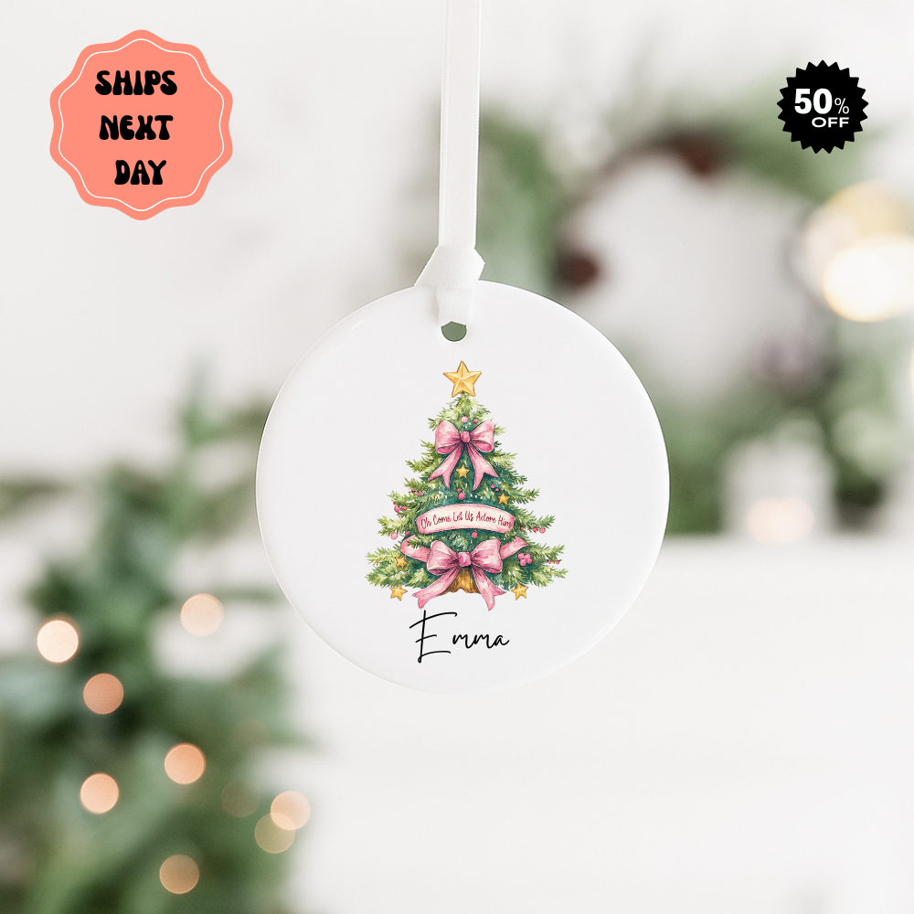 Personalized Ceramic Ornament — Christmas Tree with Pink Bows & Name (Emma)