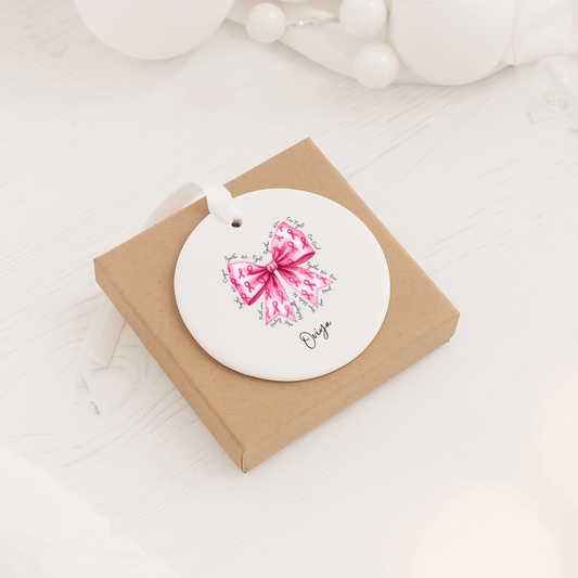 Breast Cancer Awareness Ceramic Ornament — Pink Ribbon Bow Decoration