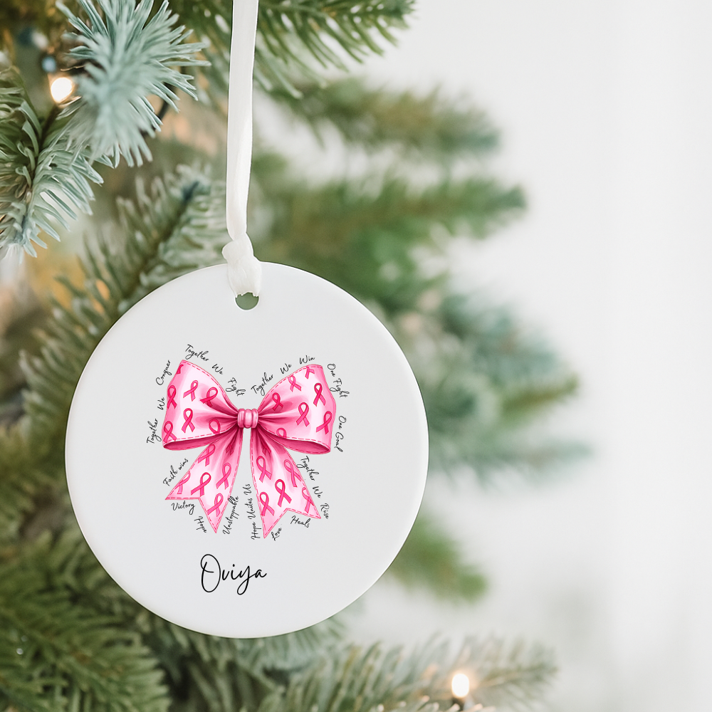 Breast Cancer Awareness Ceramic Ornament — Pink Ribbon Bow Decoration