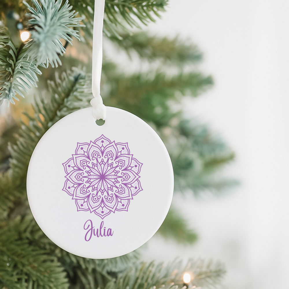 Personalized Purple Mandala Ceramic Ornament — Custom Name Holiday Décor