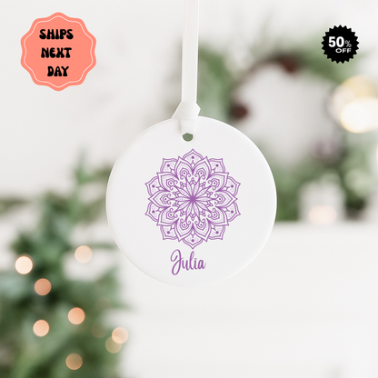 Personalized Purple Mandala Ceramic Ornament — Custom Name Holiday Décor