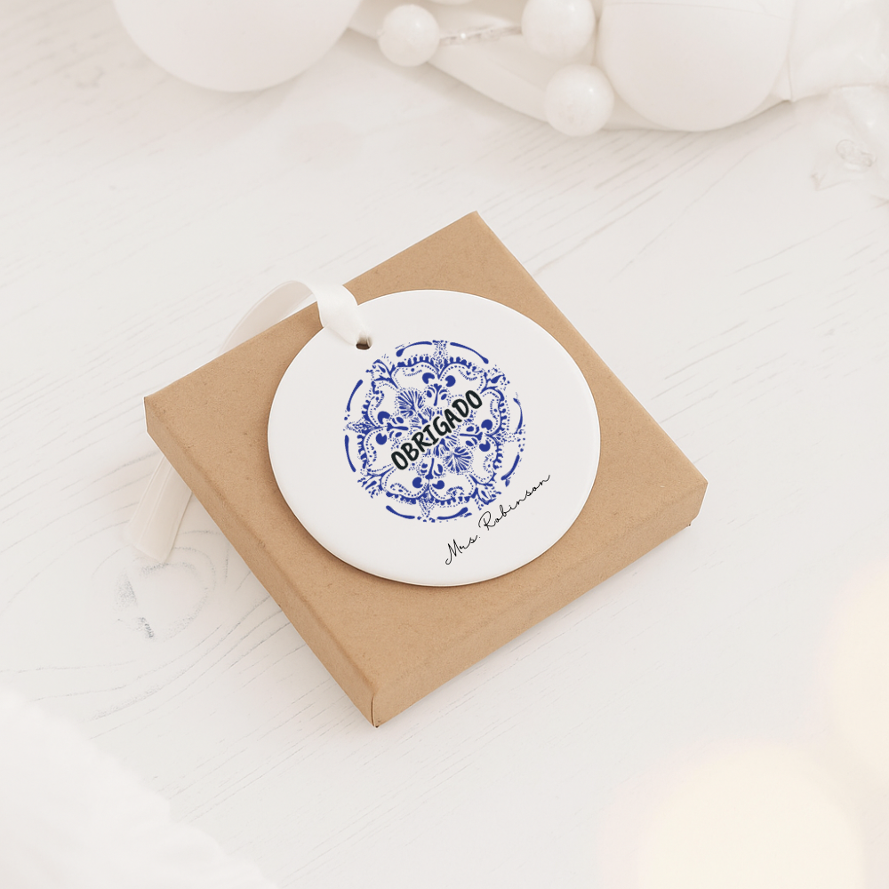 Portuguese 'Obrigado' Ceramic Ornament — Personalized Thank You Holiday Decoration