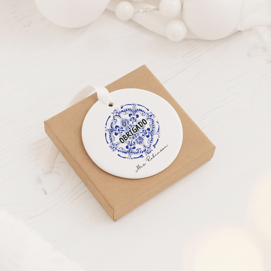 Portuguese 'Obrigado' Ceramic Ornament — Personalized Thank You Holiday Decoration