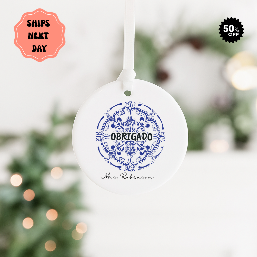 Portuguese 'Obrigado' Ceramic Ornament — Personalized Thank You Holiday Decoration