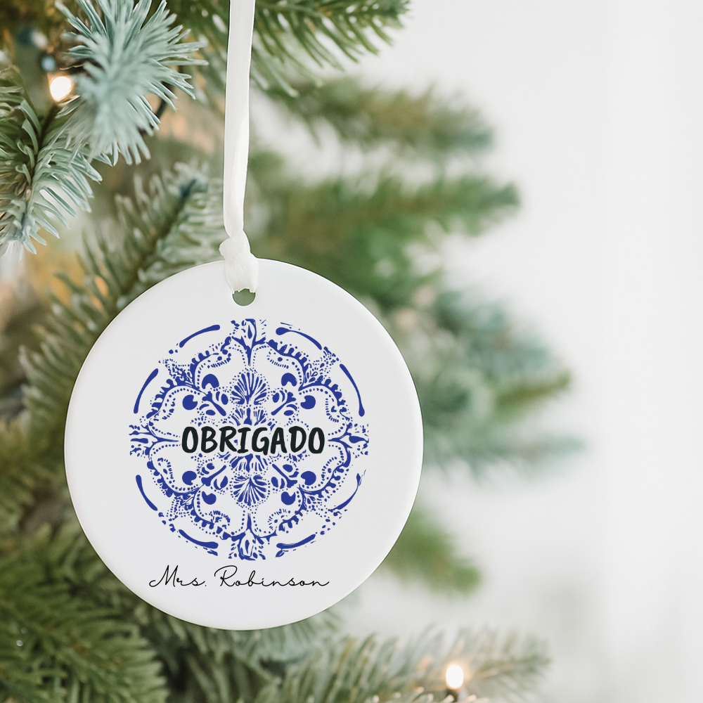 Portuguese 'Obrigado' Ceramic Ornament — Personalized Thank You Holiday Decoration