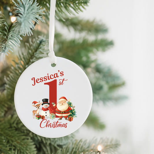 First Christmas Ceramic Ornament — Personalized "Jessica's 1st Christmas" Baby Keepsake