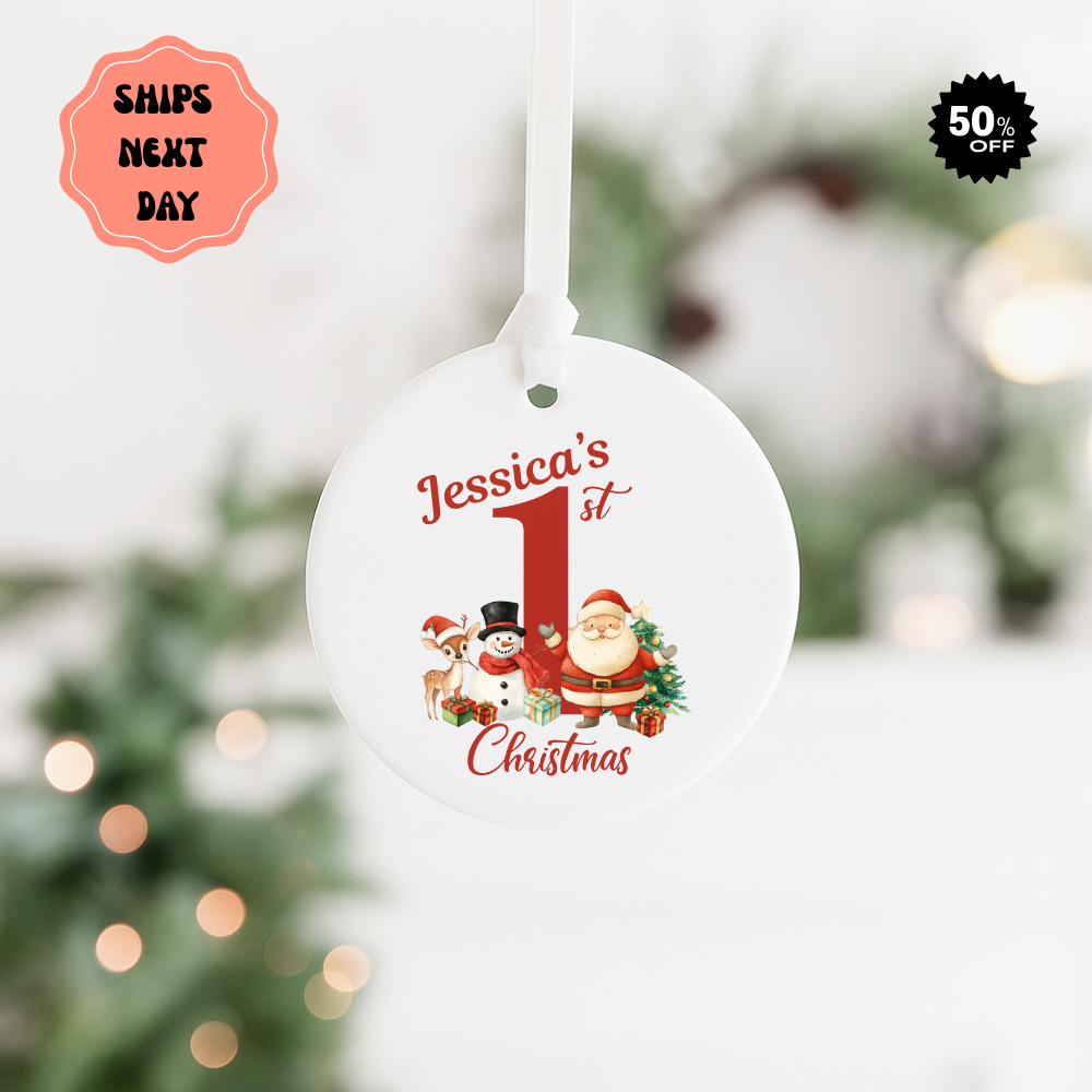 First Christmas Ceramic Ornament — Personalized "Jessica's 1st Christmas" Baby Keepsake
