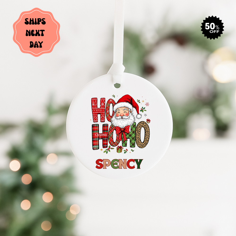 Personalized 'Ho Ho Ho' Santa Ceramic Ornament — Custom Name Christmas Decoration
