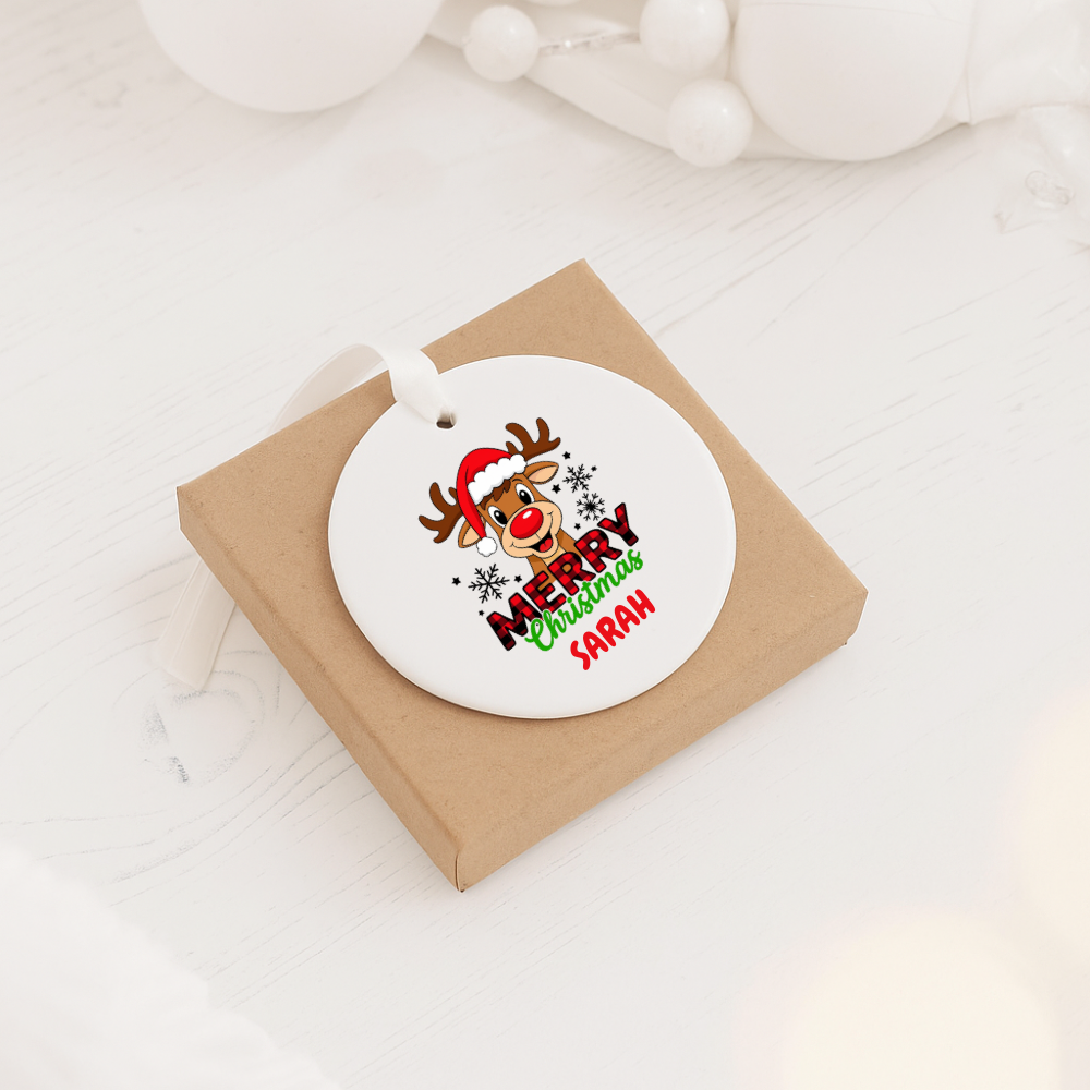 Personalized Merry Christmas Reindeer Ceramic Ornament — Custom Name Holiday Decoration