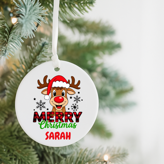 Personalized Merry Christmas Reindeer Ceramic Ornament — Custom Name Holiday Decoration