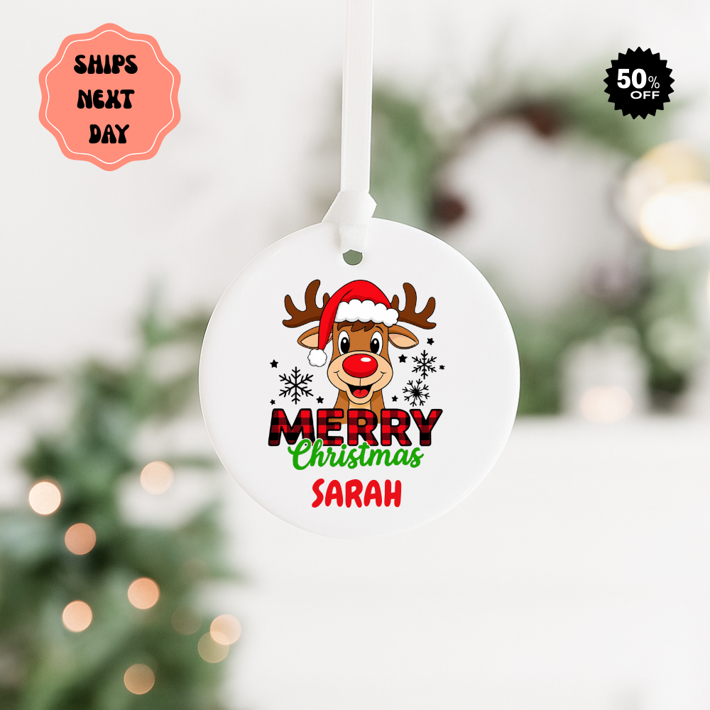 Personalized Merry Christmas Reindeer Ceramic Ornament — Custom Name Holiday Decoration