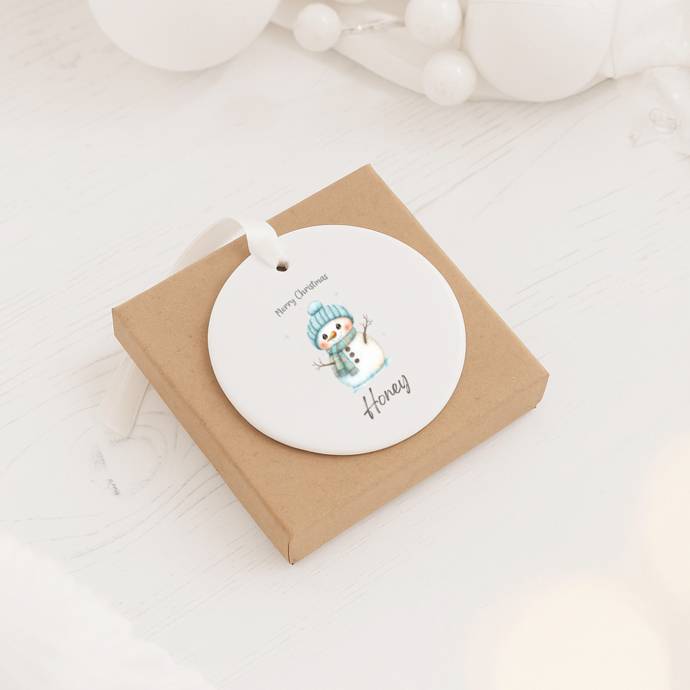 Personalized Snowman Ceramic Ornament — "Merry Christmas" Holiday Decoration (Name: Honey)