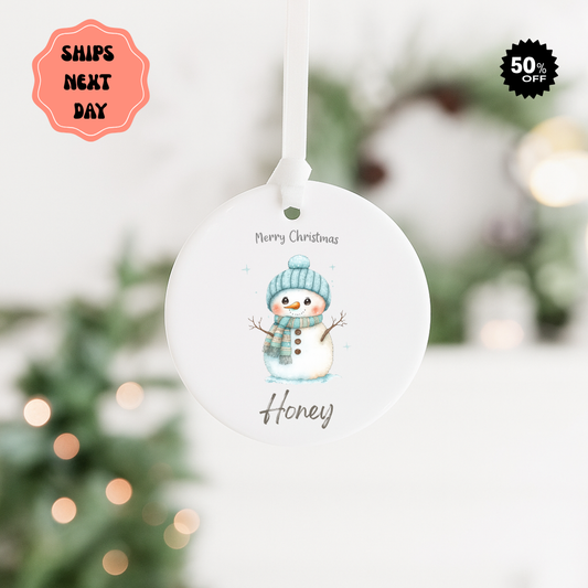 Personalized Snowman Ceramic Ornament — "Merry Christmas" Holiday Decoration (Name: Honey)