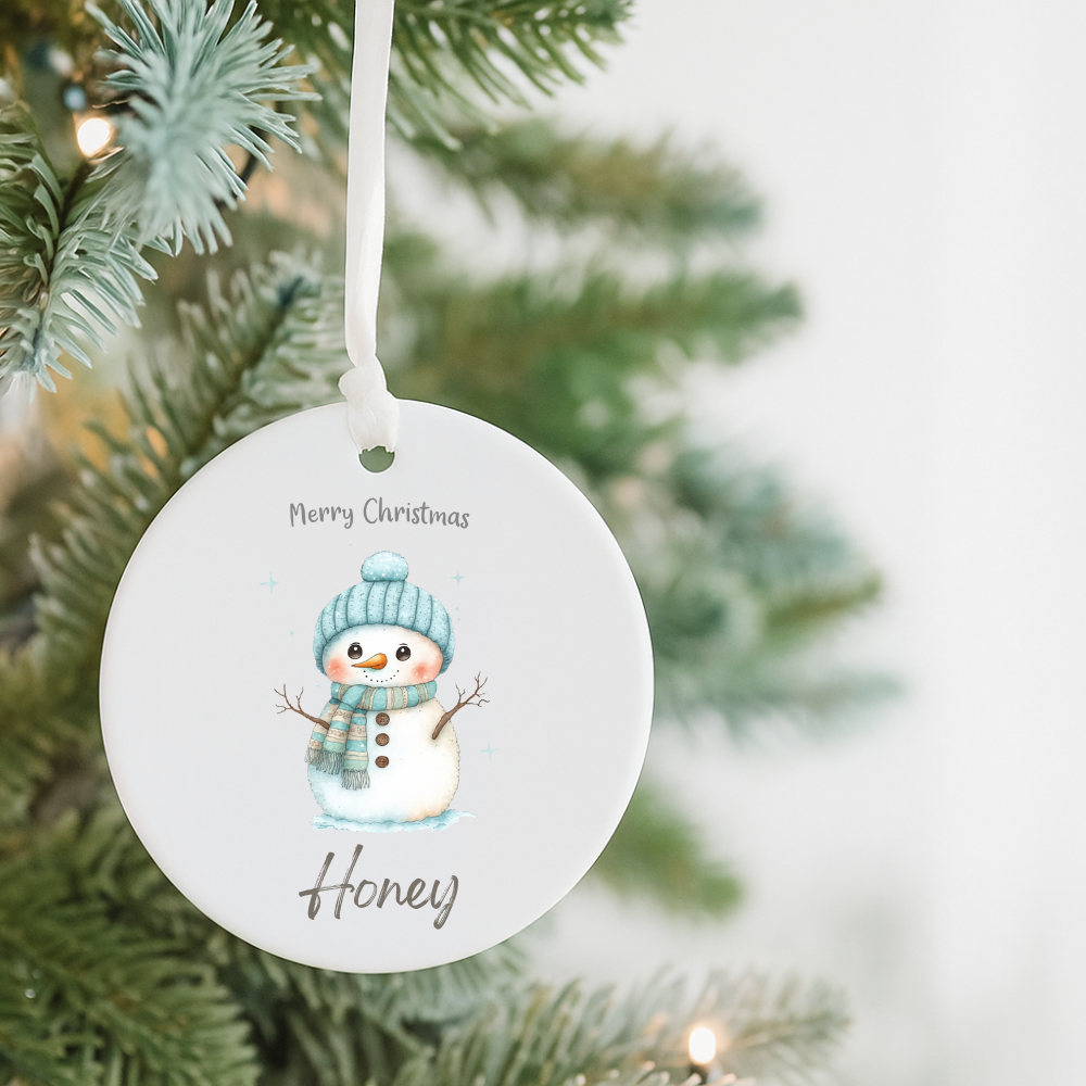 Personalized Snowman Ceramic Ornament — "Merry Christmas" Holiday Decoration (Name: Honey)