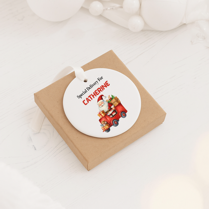 Personalized Ceramic Christmas Ornament – "Special Delivery for [Name]" Santa Truck
