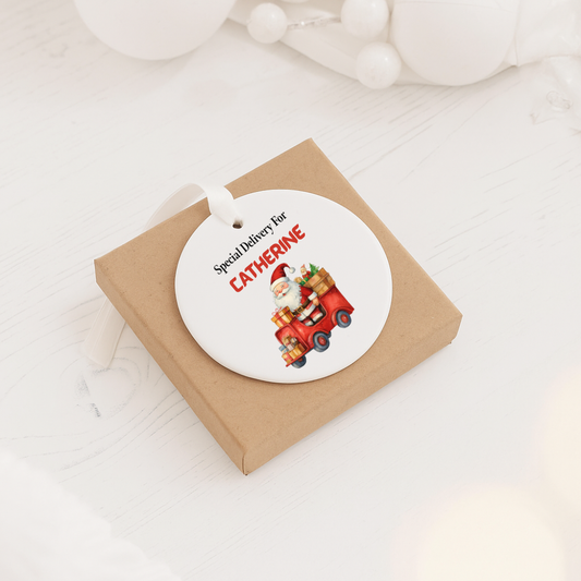 Personalized Ceramic Christmas Ornament – "Special Delivery for [Name]" Santa Truck