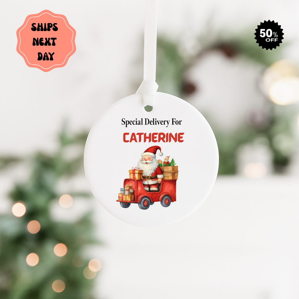 Personalized Ceramic Christmas Ornament – "Special Delivery for [Name]" Santa Truck