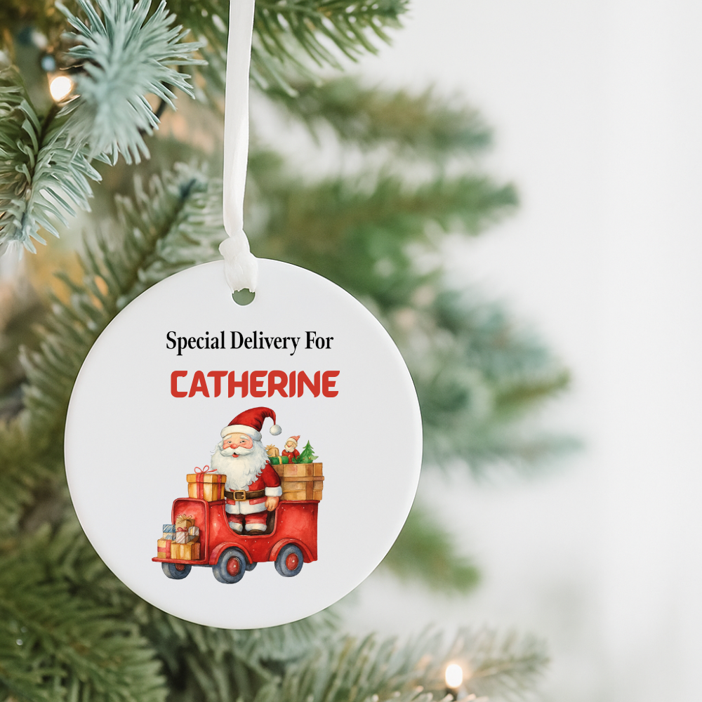 Personalized Ceramic Christmas Ornament – "Special Delivery for [Name]" Santa Truck