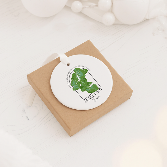 Plant Lady Ceramic Ornament — Personalized Monstera Decoration (Rooted • Growing • Reaching for the Light)