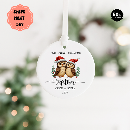 First Christmas Together Ceramic Ornament — Personalized 'Our First Christmas' Owl Decoration (Names & Year)