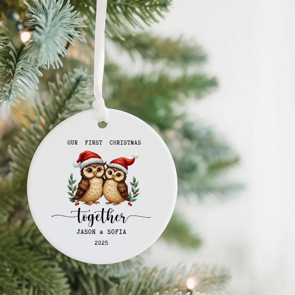 First Christmas Together Ceramic Ornament — Personalized 'Our First Christmas' Owl Decoration (Names & Year)