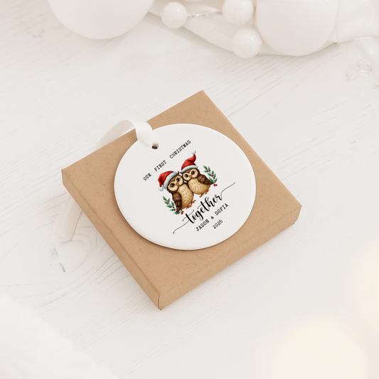 First Christmas Together Ceramic Ornament — Personalized 'Our First Christmas' Owl Decoration (Names & Year)