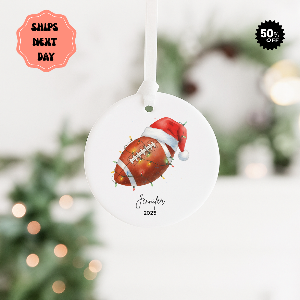 Football Christmas Ornament — Personalized Ceramic Holiday Keepsake (Name & Year)