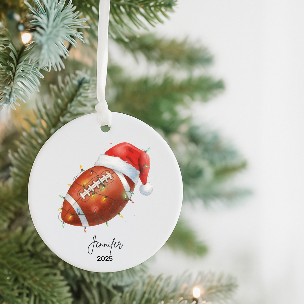 Football Christmas Ornament — Personalized Ceramic Holiday Keepsake (Name & Year)
