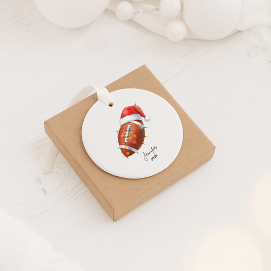 Football Christmas Ornament — Personalized Ceramic Holiday Keepsake (Name & Year)