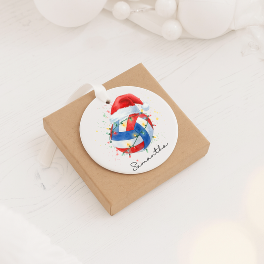 Personalized Volleyball Christmas Ornament — Ceramic Holiday Decoration with Santa Hat & Lights (Custom Name)