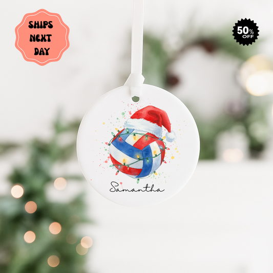 Personalized Volleyball Christmas Ornament — Ceramic Holiday Decoration with Santa Hat & Lights (Custom Name)