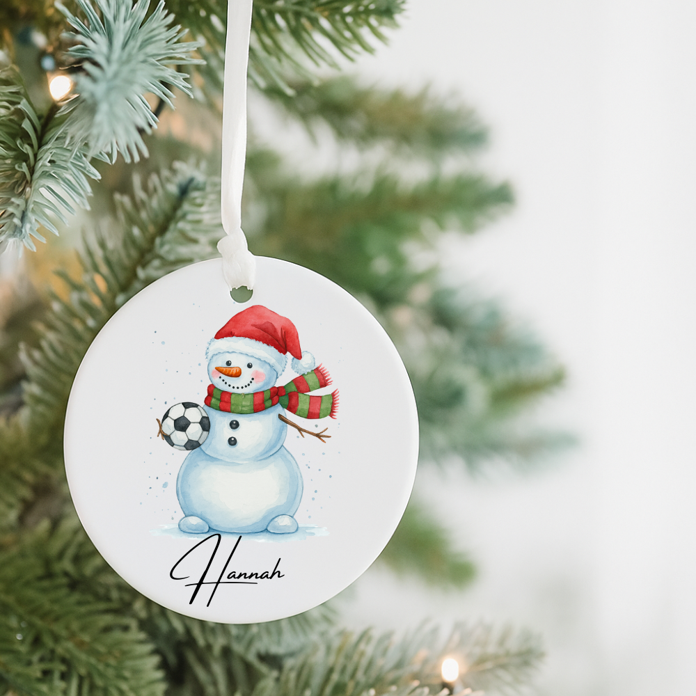 Personalized Snowman Soccer Ceramic Ornament – Custom Name & Year Holiday Decoration