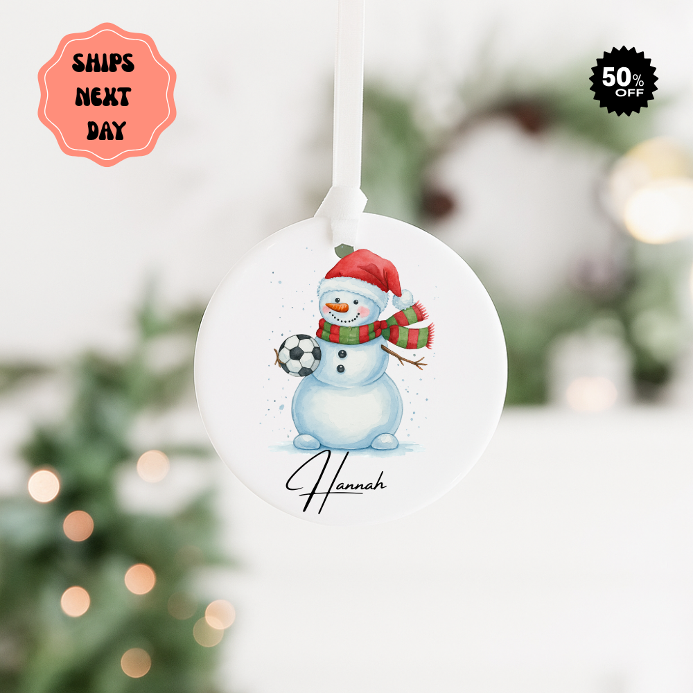 Personalized Snowman Soccer Ceramic Ornament – Custom Name & Year Holiday Decoration