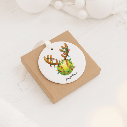 Softball Reindeer Ornament – Personalized 'Angelina 2025' Ceramic Christmas Decoration