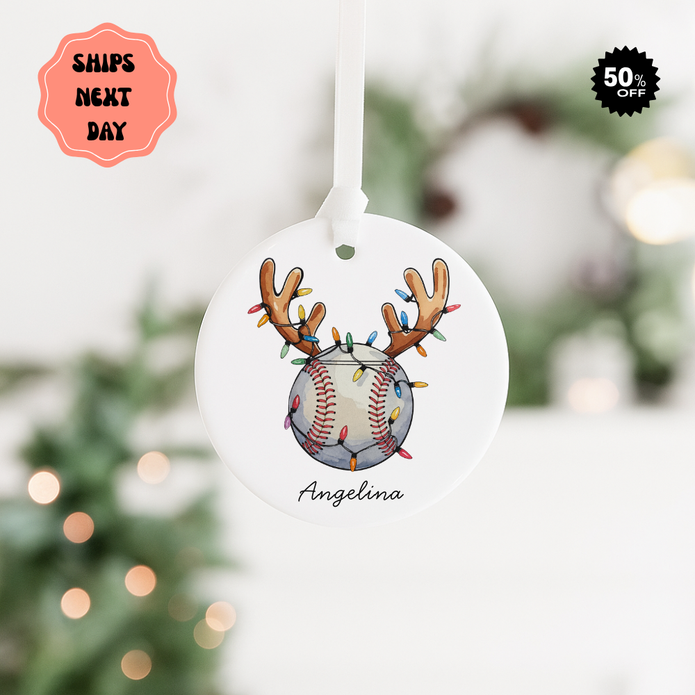 Baseball Reindeer Ceramic Ornament — Personalized Name & Year (e.g., Angelina 2025)