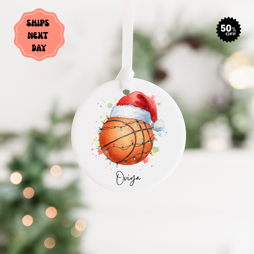 Basketball Santa Ceramic Ornament — Personalized Name & 2025 Holiday Decoration