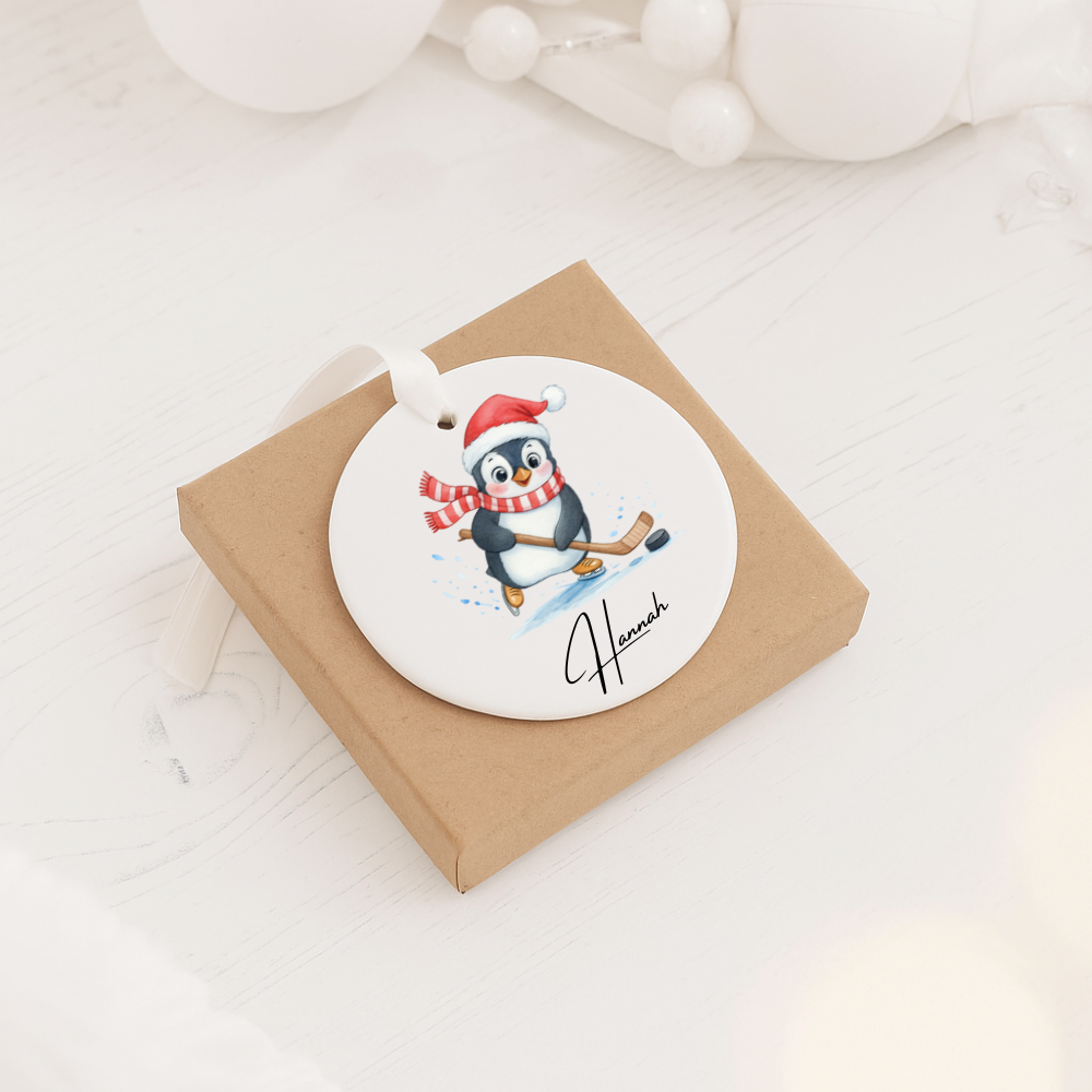 Personalized Penguin Hockey Ornament — Ceramic Christmas Tree Decoration (Name & 2025)