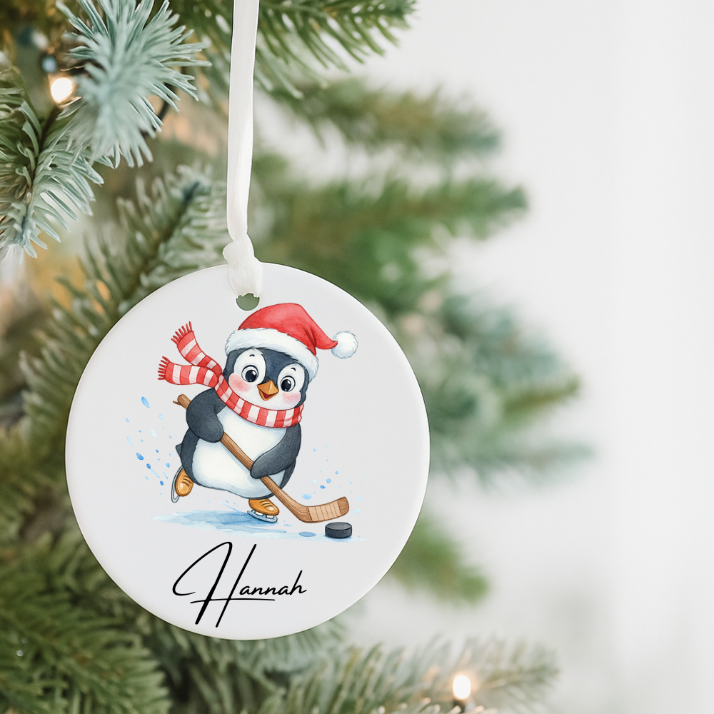 Personalized Penguin Hockey Ornament — Ceramic Christmas Tree Decoration (Name & 2025)