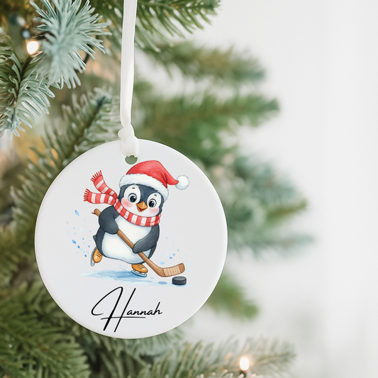 Personalized Penguin Hockey Ornament — Ceramic Christmas Tree Decoration (Name & 2025)