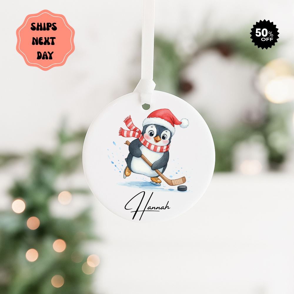 Personalized Penguin Hockey Ornament — Ceramic Christmas Tree Decoration (Name & 2025)
