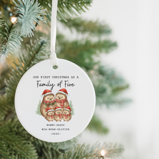 Family of Five Christmas Ceramic Ornament – "Our First Christmas as a Family of Five" Personalized Hedgehog Holiday Decoration
