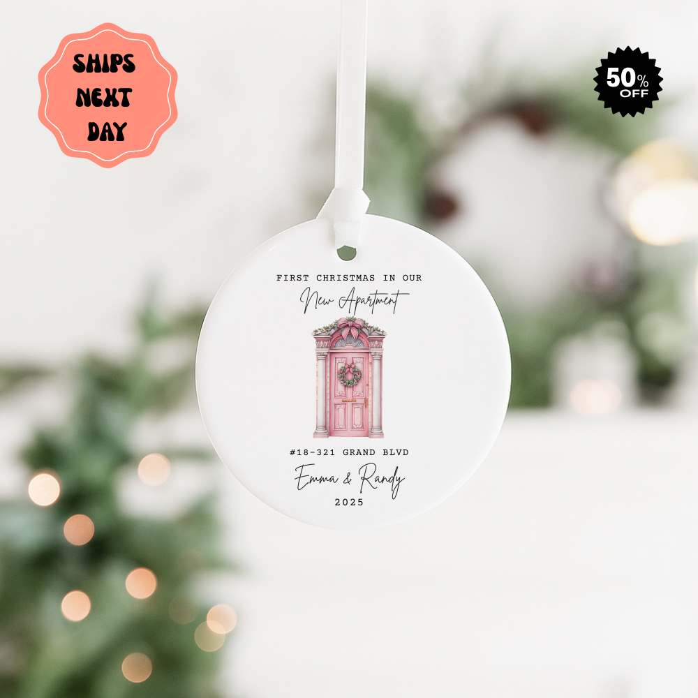 First Christmas in Our New Apartment Ceramic Ornament — Personalized Pink Door, Names & Year