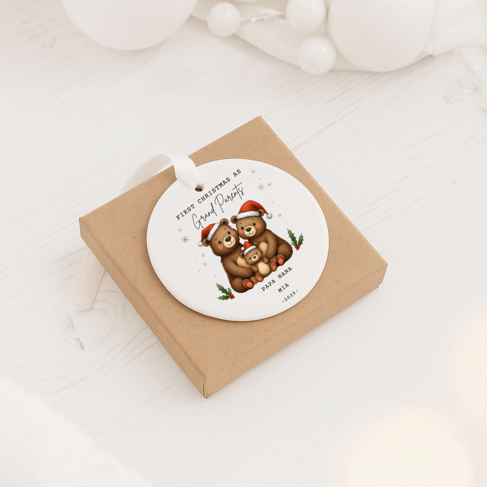First Christmas as Grandparents Ceramic Ornament — Personalized Bear Family Holiday Keepsake