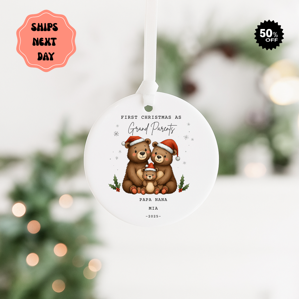 First Christmas as Grandparents Ceramic Ornament — Personalized Bear Family Holiday Keepsake