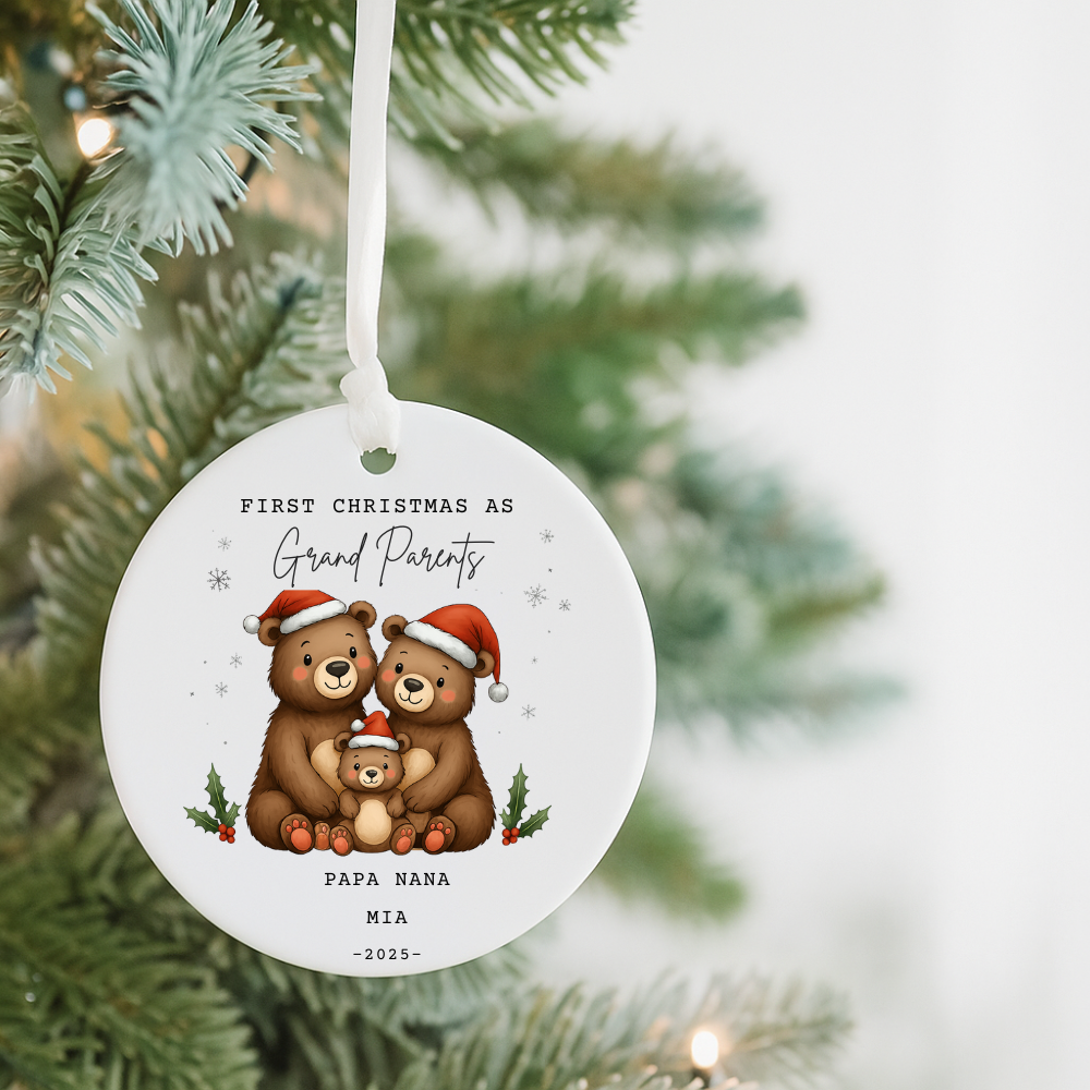 First Christmas as Grandparents Ceramic Ornament — Personalized Bear Family Holiday Keepsake
